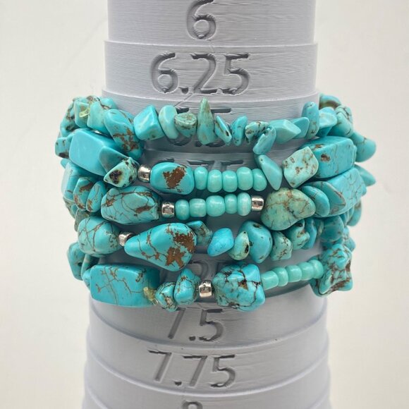 Boho Turquoise Howlite Bead Lot 5 Stretch Bracelets Dangle Earrings Silver Tone - Picture 2 of 8